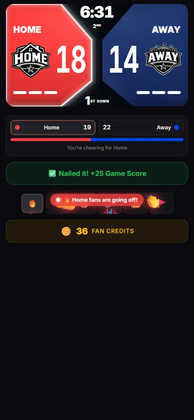 The ReadyRef fan view: the same 18-14 score, with a pick-a-side bar, a correct prediction worth 25 Game Score, live reactions, and 36 fan credits.