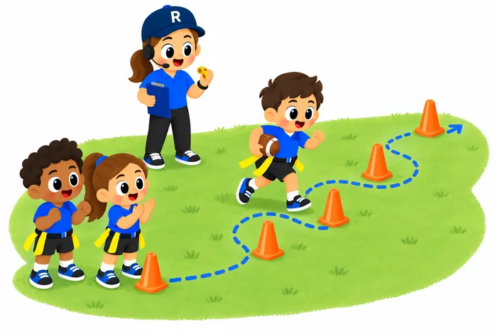 A youth flag football cone drill: a player carrying the ball runs a zigzag path around orange cones while two teammates cheer at the start cone and the coach watches with a whistle.