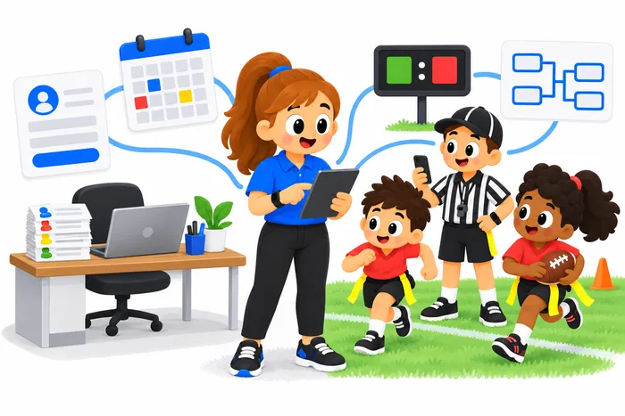 A league organizer uses a tablet between an office setup with registration forms and a calendar and a flag football field with a referee, two players, a scoreboard, and a playoff bracket, all connected by blue workflow lines.