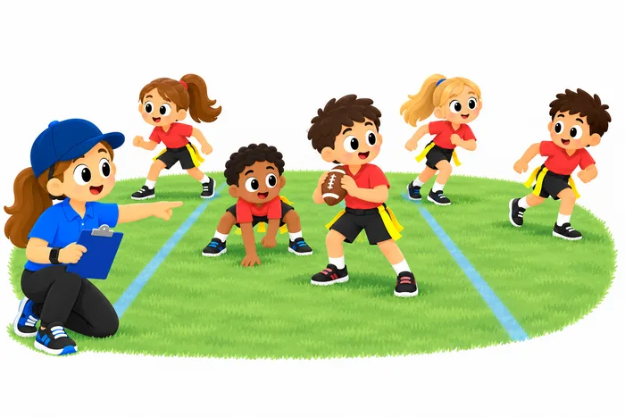 A coach points across a flag football field as five youth players spread into a wide 5v5 offensive formation, with the quarterback holding the ball behind the center and three receivers using the full width of the field.