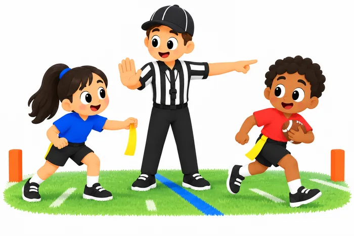 A referee signals beside two youth flag football players as a defender safely holds a removed yellow flag and the ball carrier continues past the blue line of scrimmage without contact.