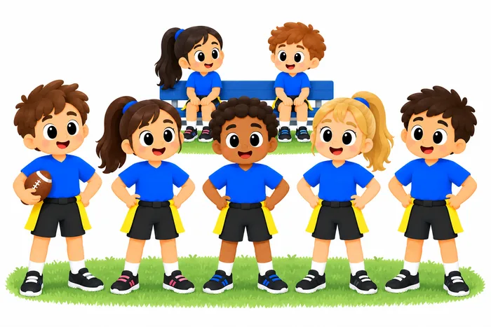 Five youth flag football players stand in a row wearing blue jerseys and yellow flag belts while two additional teammates sit on a bench behind them as substitutes.