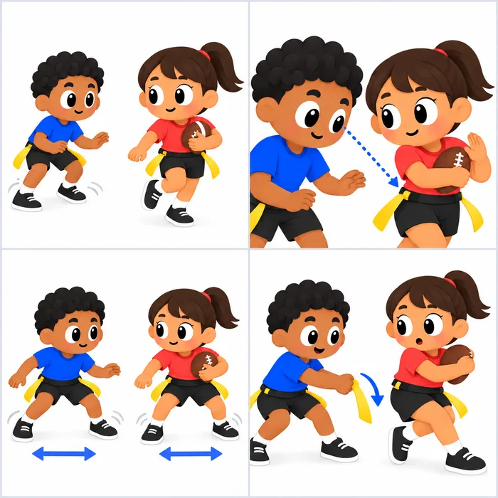 Four panels of two kid players, a defender in blue and a ball carrier in red, both wearing flag belts. 1: the defender closes in, knees bent and hips low. 2: the defender keeps his eyes on the ball carrier&rsquo;s waist and flags, shown by a dotted line. 3: both players shuffle sideways together as the defender mirrors the runner. 4: the defender grips one flag and pulls it straight down off the belt.