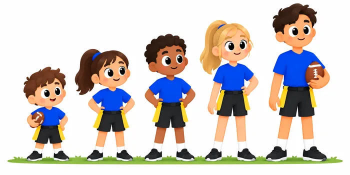 Five boys and girls in matching blue jerseys and flag belts, standing in a row from youngest and smallest, about age five, to oldest and tallest, about age sixteen.