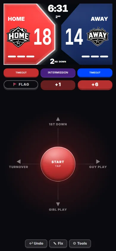 The ReadyRef referee screen: Home 18, Away 14, 6:31 left in the 2nd, with scoring buttons above a swipe pad for making calls without looking.