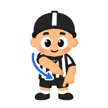 Referee signalling flag guarding: one hand points at his hip where the flag belt sits while the other forearm chops down across his body, shown with a curved arrow.