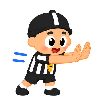 Referee signalling illegal contact: seen from the side, leaning forward with both arms thrust out at chest height, palms flat, as if shoving.